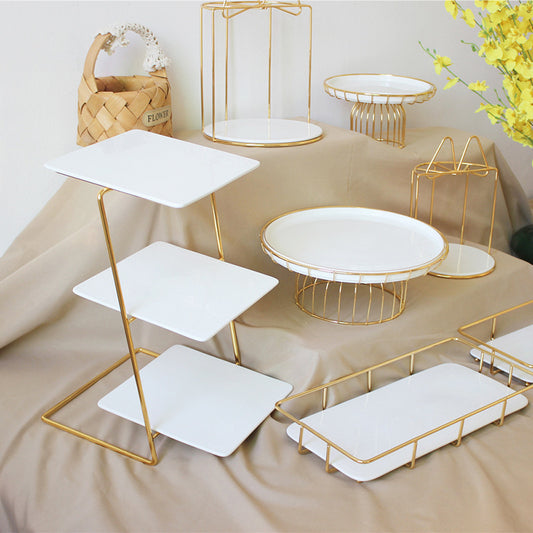 Golden Cake Stand Set, Three-layer Snack Stand, Ceramic High Plate